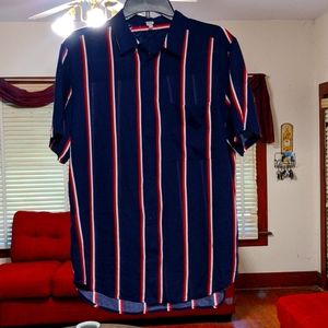 True Craft Navy Blue Short Sleeve Button Down w/ Red & White Pinstripe (M)